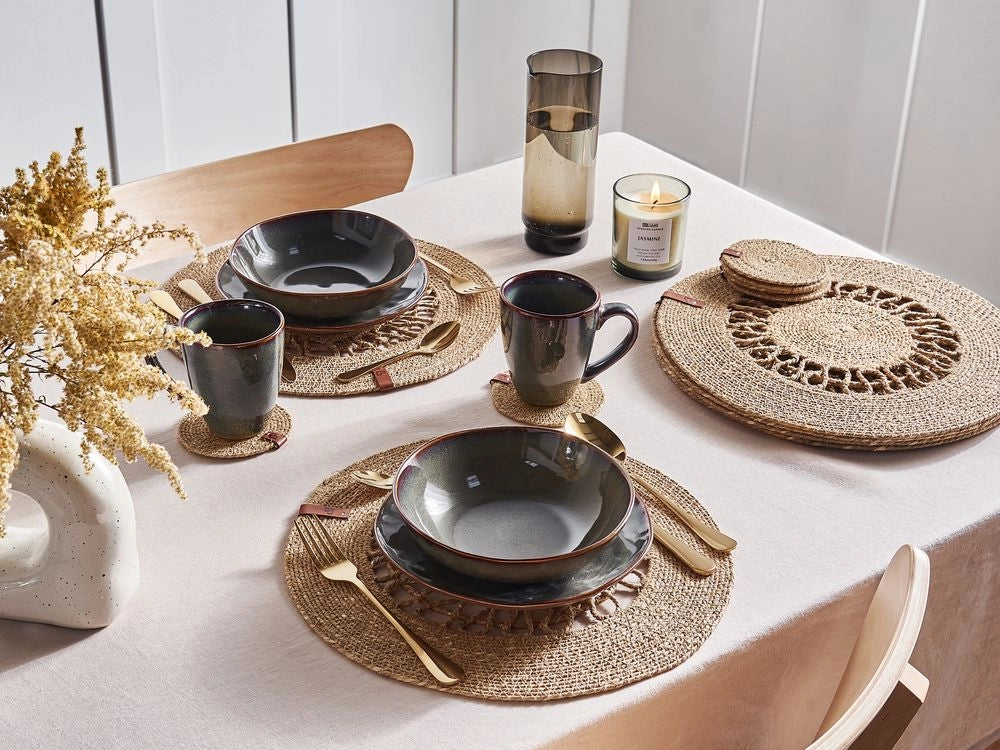 Set di 12 tovagliette e sottobicchieri in alghe naturali 35/10 cm rotonde fatte a mano in stile boho