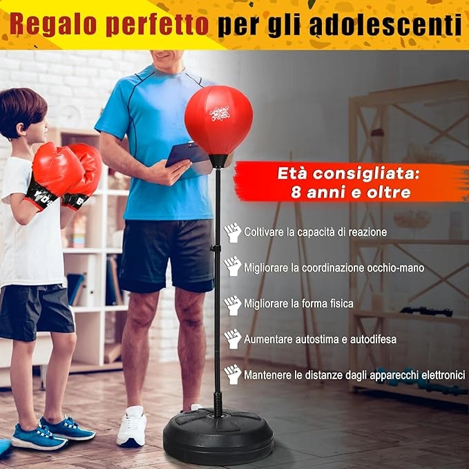 Punching Ball da Terra Altezza Regolabile 120-154 cm, Sacco di Pugilato con Guanti Inclusi, Palla di Boxe con Base per Adulti e Bambini
