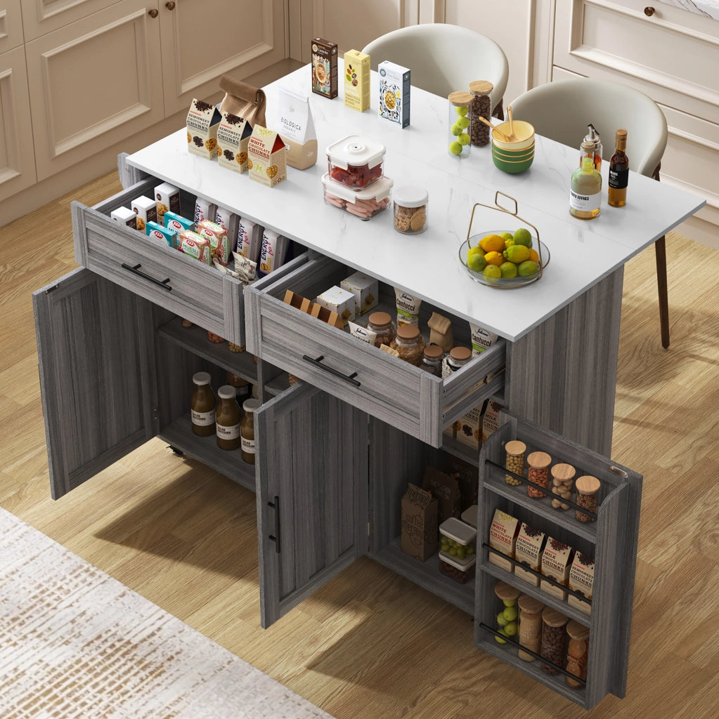 Carrello da cucina estensibile con ruote e vani, grigio/bianco