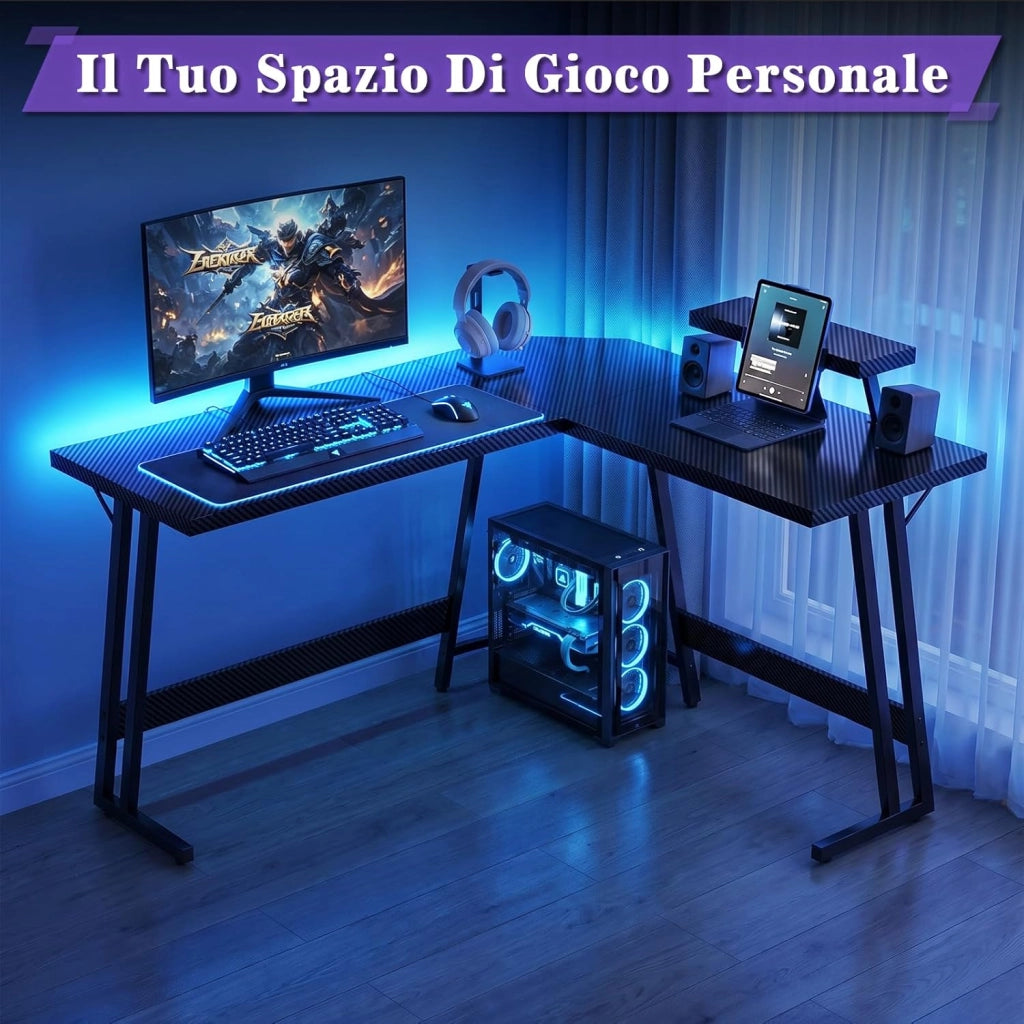 120 x 120 cm Scrivania Gaming Angolare, Scrivania Angolare con Supporto per Monitor per Lo Studio, Il Gioco E Il Lavoro, Scrivania Gaming Ergonomica(Carbonio Nero)