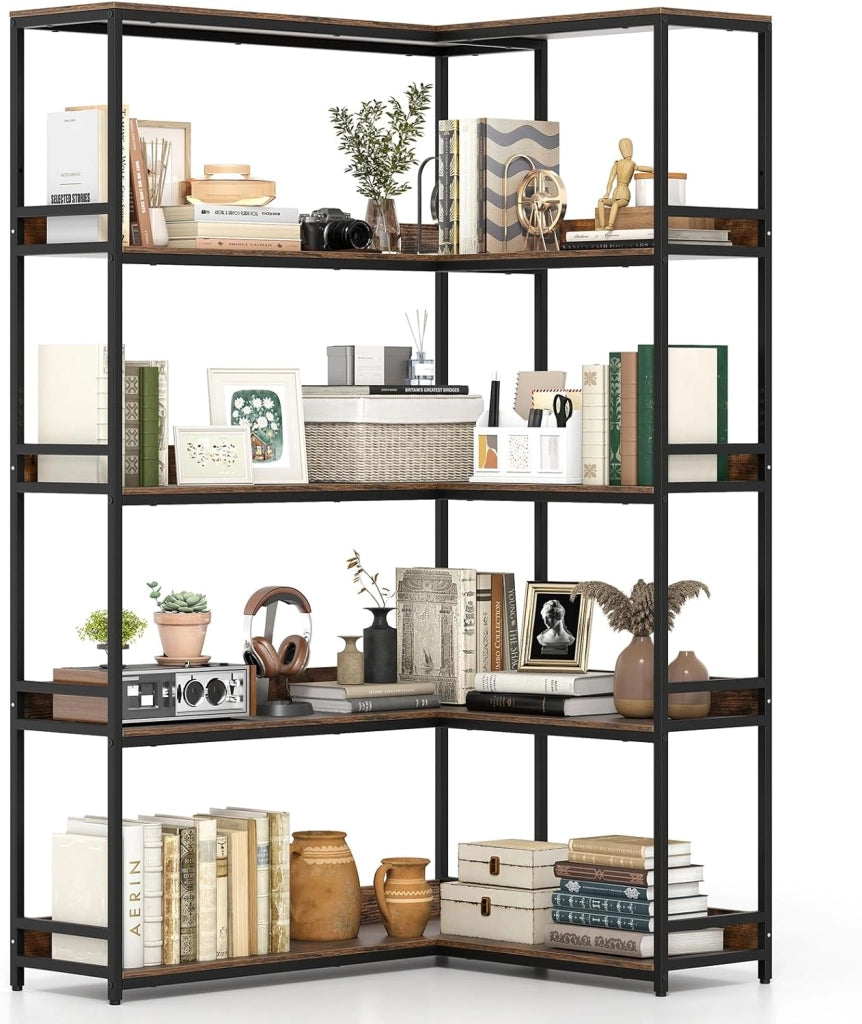 Scaffale multifunzionale a 5 livelli, libreria a forma di L con struttura in metallo resistente, ripiani aperti con bordi rialzati, 110 x 89 x 180 cm, per soggiorno, ufficio