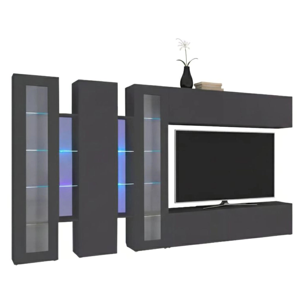 Parete attrezzata Atta, Set salotto porta TV a 5 ante, Mobile soggiorno multiuso, 100% Made in Italy, cm 340x30h180, Antracite