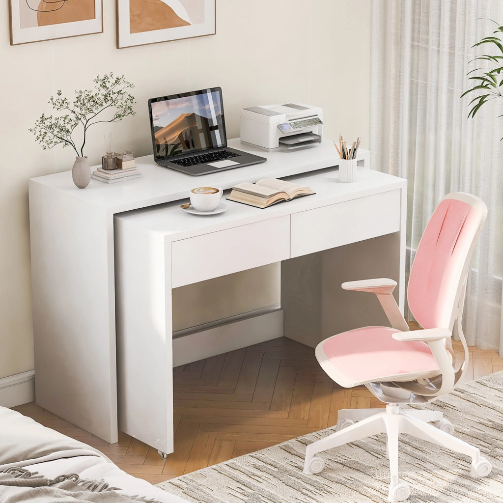 Scrivania pieghevole multifunzionale 2 in 1 con 2 cassetti e ruote, bianco, per studio e camera 110 × 40 × 78 cm