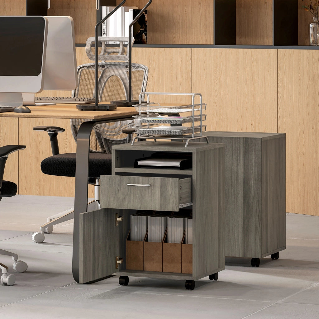 Cassettiera Portadocumenti a 4 Ruote 40x35x60 cm con Ripiano Aperto e Cassetti in Legno e Metallo Grigio
