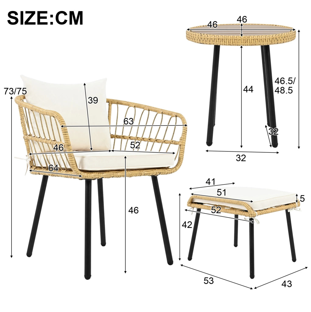 Set da giardino 5 pezzi con 2 sedie; 2 sgabelli; tavolo e cuscini; rattan bianco naturale
