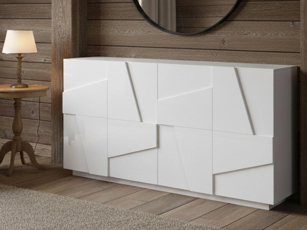 Credenza moderna a 4 Augusto, Made in Italy, Madia da cucina, Buffet di design da soggiorno, cm 162x44h86, Bianco lucido