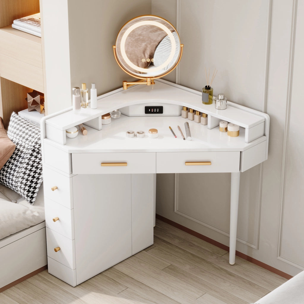 Scrivania Angolare Toeletta con Specchio LED e 5 Cassetti ¨C MINIMAL ¨C Bianco 105.5x75x120 cm