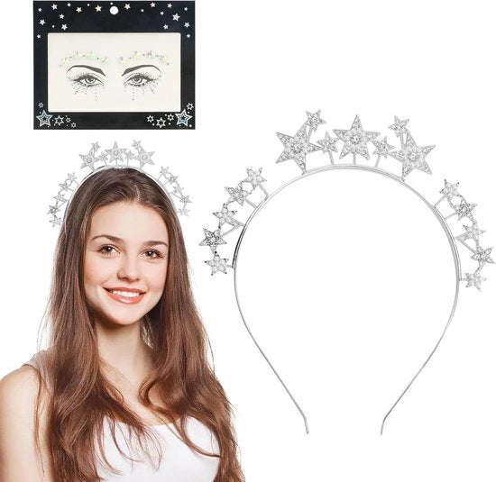 Tatuaggi temporanei per il viso - Strisce autoadesive con elastici a stella - Pietre glitter per feste rave