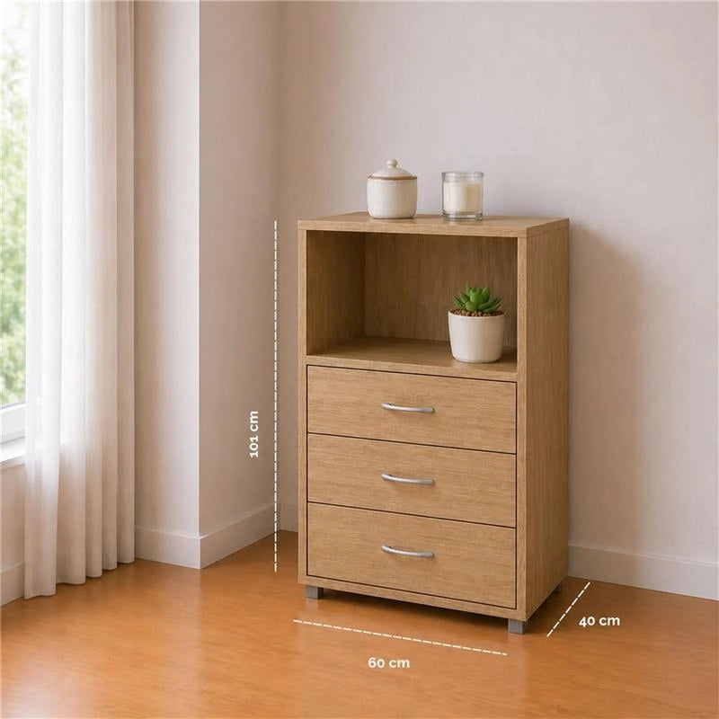 CASSETTIERA IN LEGNO CON TRE CASSETTI E RIPIANO COLORE ROVERE DIMENSIONI 60X40X101 CM