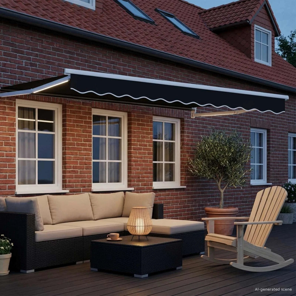 Tenda retrattile manuale con LED-Tenda parasole per balcone Nero e Bianco 3,5 x 2,5 m