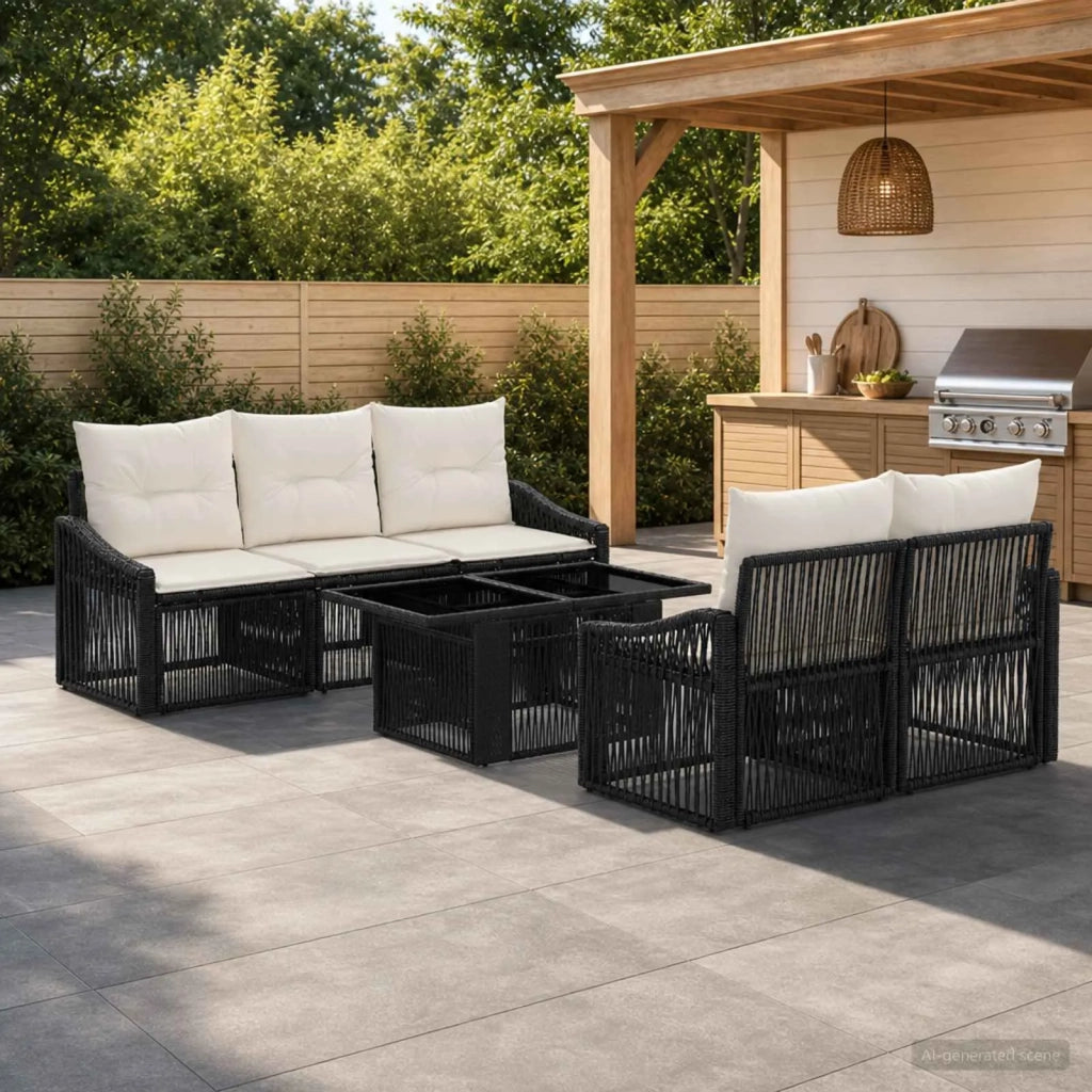 Set Divano da Giardino 6 pz Nero e Bianco Crema polyrattan 3437203