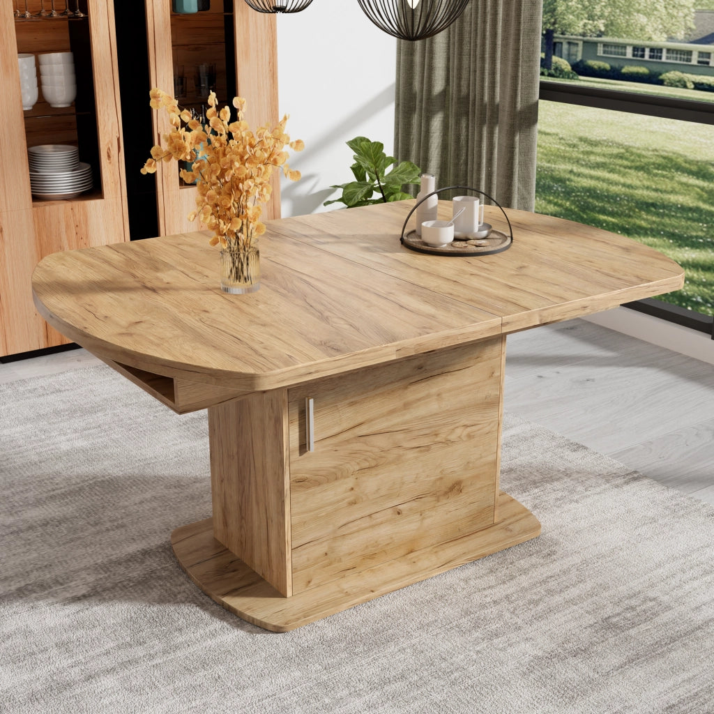 Tavolo da pranzo allungabile ovale con vani contenitore, multifunzione, per cucina e soggiorno, in truciolare, rovere