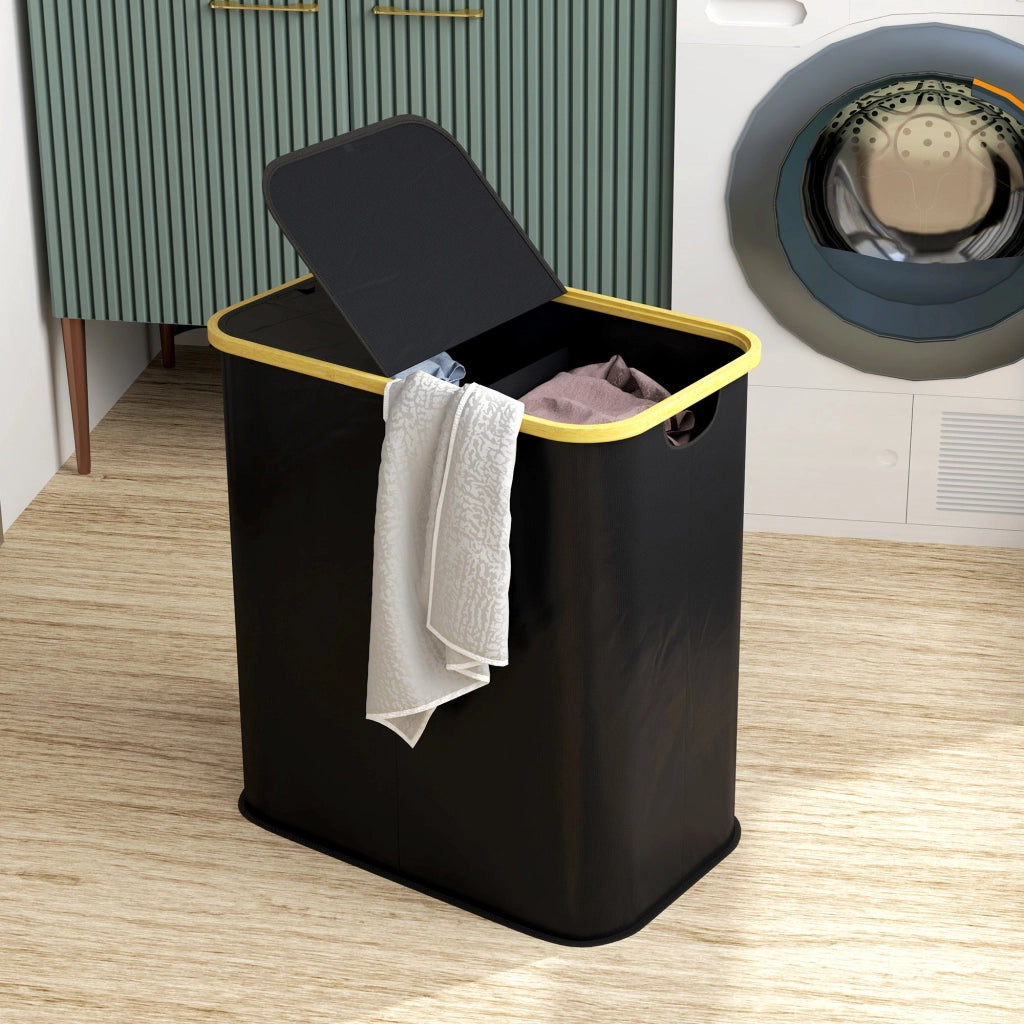Cesto Portabiancheria da 80L a 2 Sezioni con Coperchio 54x34x58,5 cm in Tessuto non Tessuto e Bambù Nero