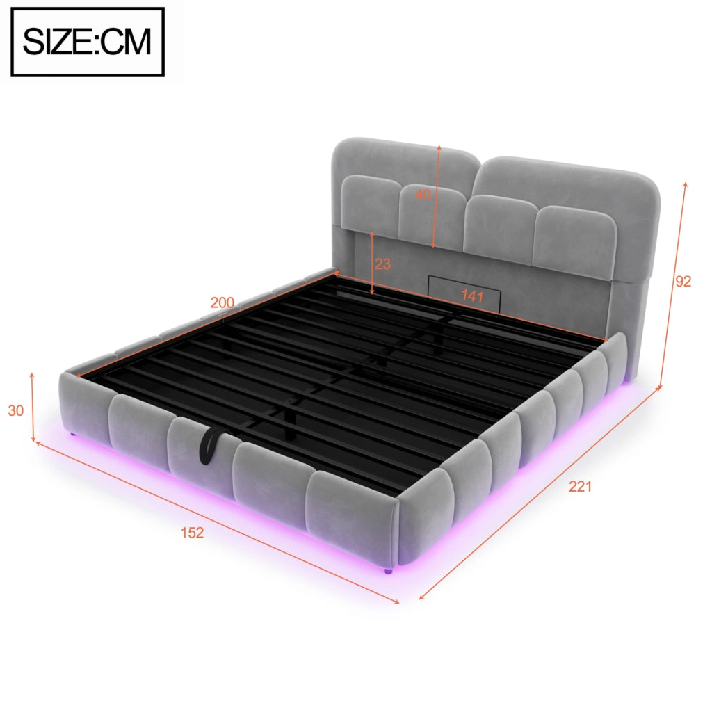 Letto imbottito 140x200 cm con contenitore idraulico e LED; velluto; grigio