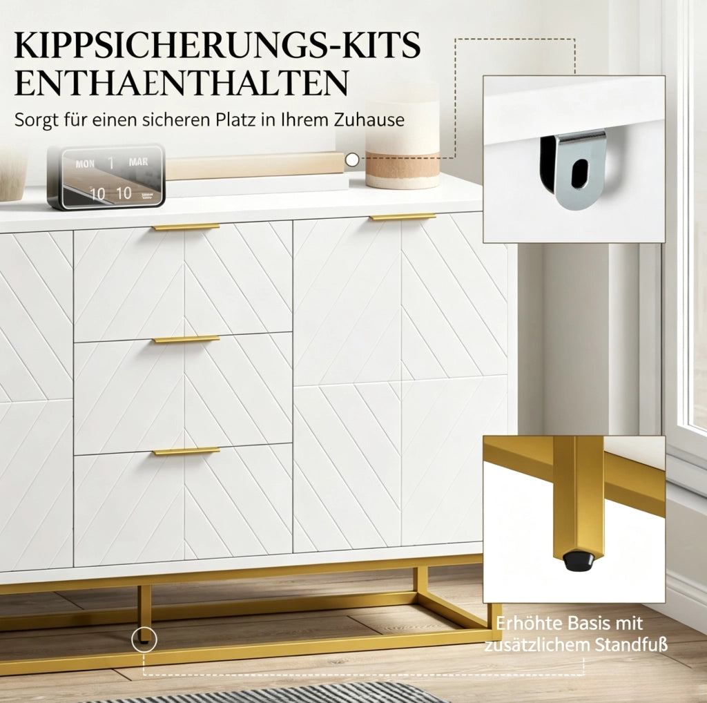 Credenza 120x40x76 cm bianca e oro in MDF e metallo， con cassetti e ante