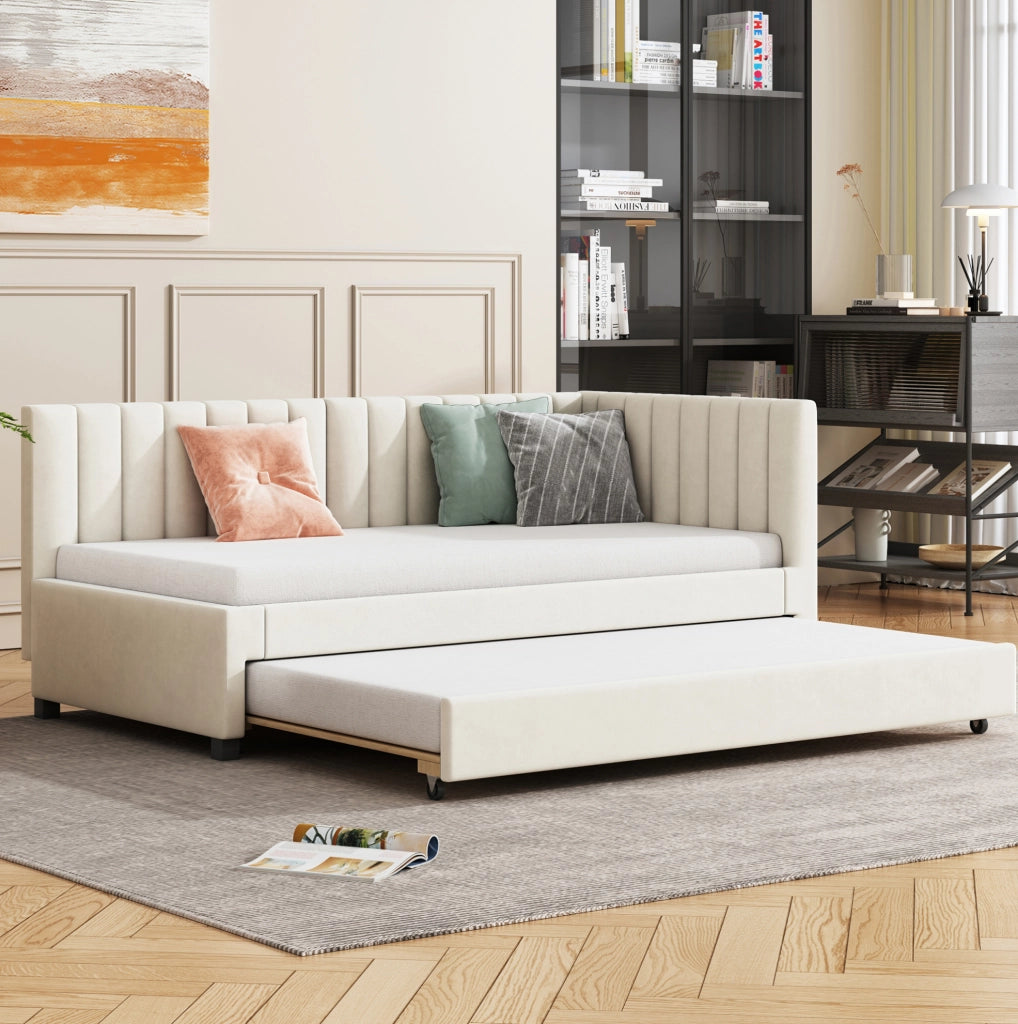 Letto imbottito 90x200 estraibile con rete a doghe, beige