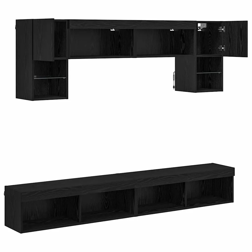 Unità a muro per TV con LED 6 pcs Rovere Nero Legno multistrato 3402964