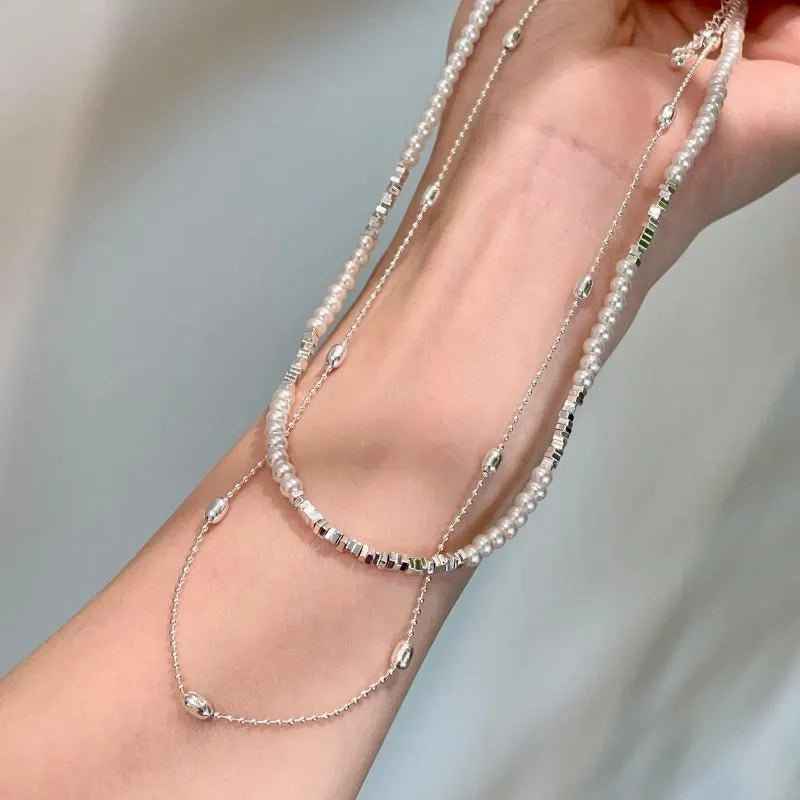 Collana a doppio strato di perle d'argento fatta a mano, regalo di Natale o di compleanno.