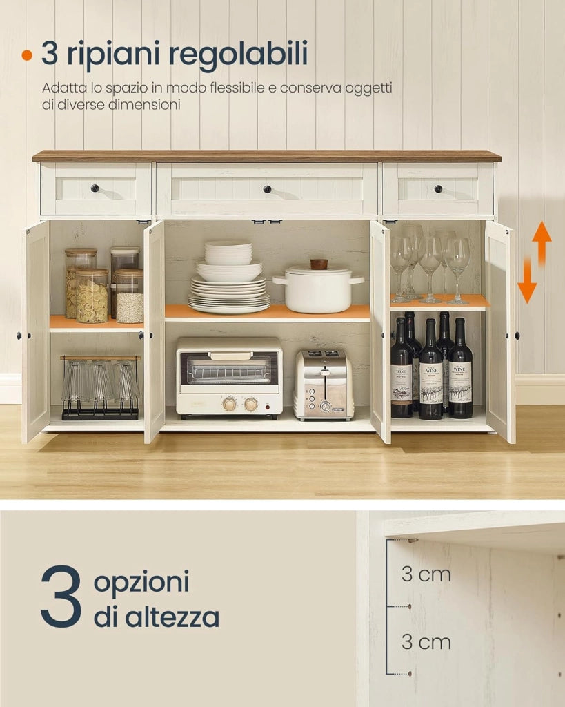 SONGMICS HOME Credenza Montaggio Rapido Senza Attrezzi Toolless, Montaggio Superveloce Senza Utensili, Mobile da Cucina con Piano, Buffet, Ripiani Regolabili, Bianco Vintage e Marrone Miele BBK376WJ02