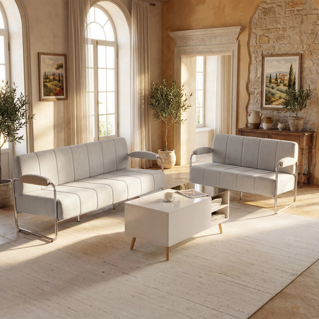Divano 3 Posti Moderno 174x75x76 cm Rivestito in Ciniglia Struttura in Acciaio Beige