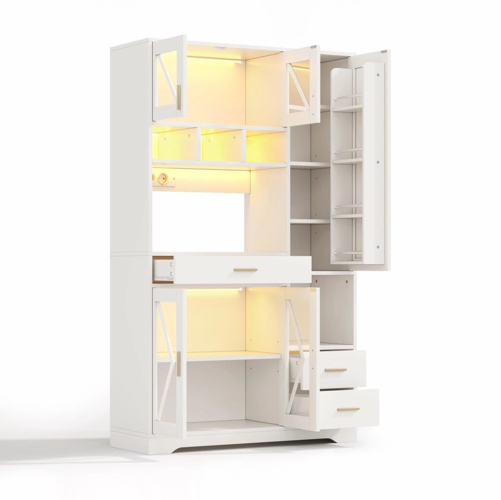 Mobile buffet ULEVR 105x40x185 cm con LED multicolore via app, prese e USB, vetrina in MDF bianco