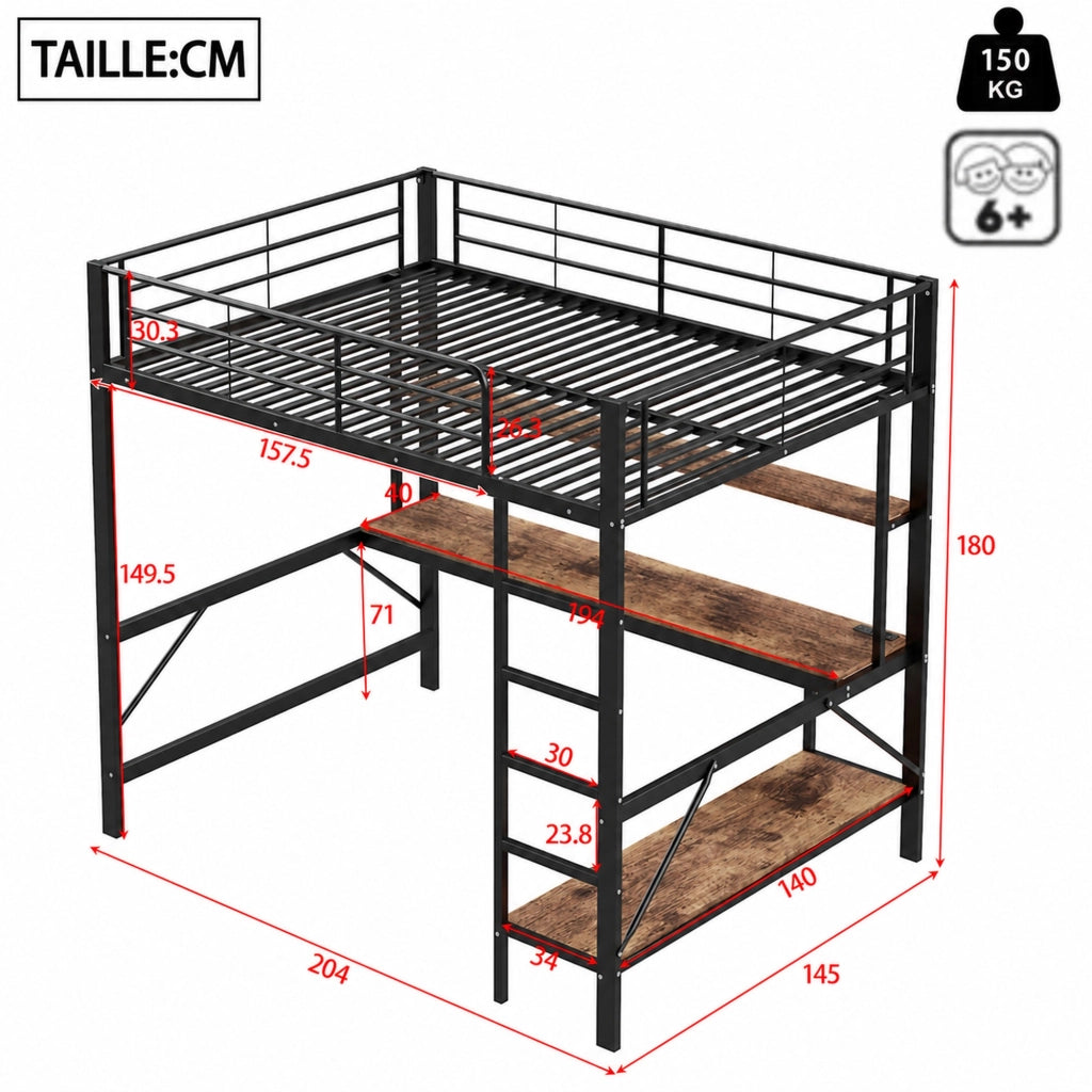 DESMIU Letto a soppalco 140 × 200 cm 2 posti con scrivania, scaffali, USB e LED, senza materasso, nero