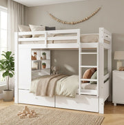 Letto a castello 90x200 cm bianco con 2 cassetti e scaffale