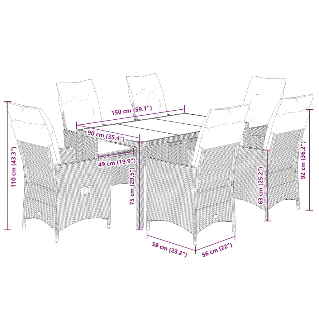 Set da Pranzo da Giardino 7pz con Cuscini in Polyrattan Marrone
