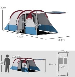 Tenda da campeggio a tunnel per 3 persone; 2 zone separate; impermeabile; rossa