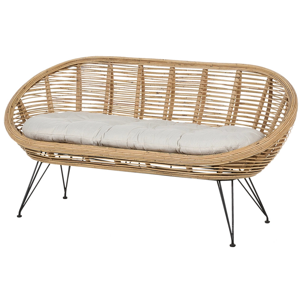 Set di divani a 4 posti in rattan naturale beige chiaro con cuscini in cotone con 3 tavolini per interni e per esterni stile bohémien giardino balcone.