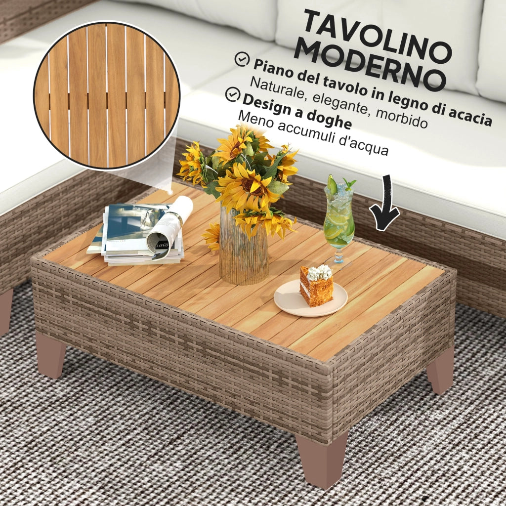 Salotto da Giardino in Rattan PE con Divano 2 Posti, Chaise Longue e Tavolino da Caff¨¨, Crema