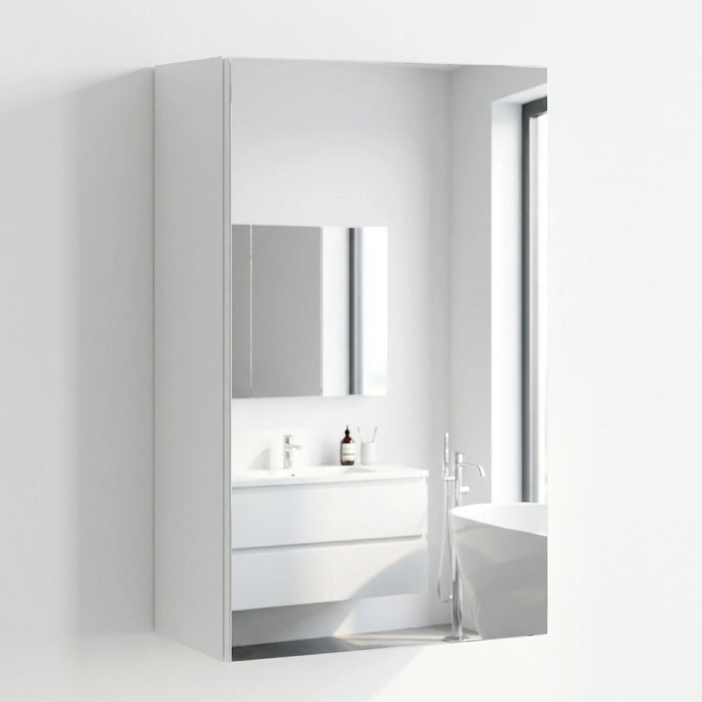 Mobile Pensile Bagno Con Anta A Specchio E Ripiani Interni Design Moderno Minimal Salvaspazio In Melaminico Per Arredo Bagno 65 X 40 X 21 Cm Bianco