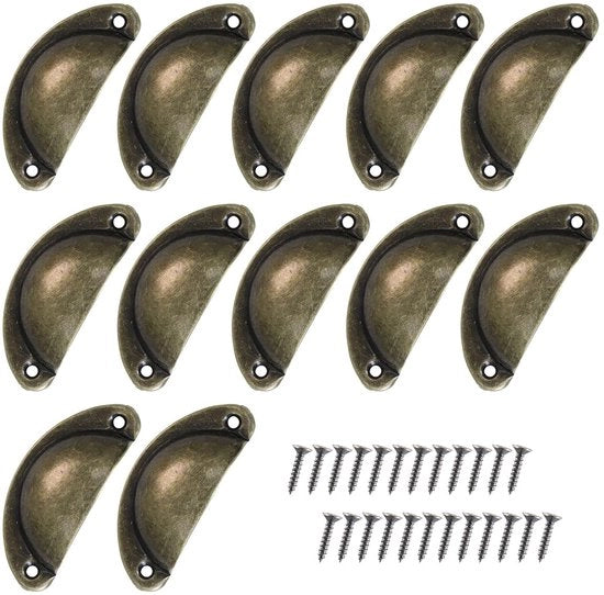 Maniglie a forma di conchiglia per antico stile - 12 maniglie - 24 viti - metallo di alta qualità - installazione facile - dimensioni 81 x 35 x 18 mm