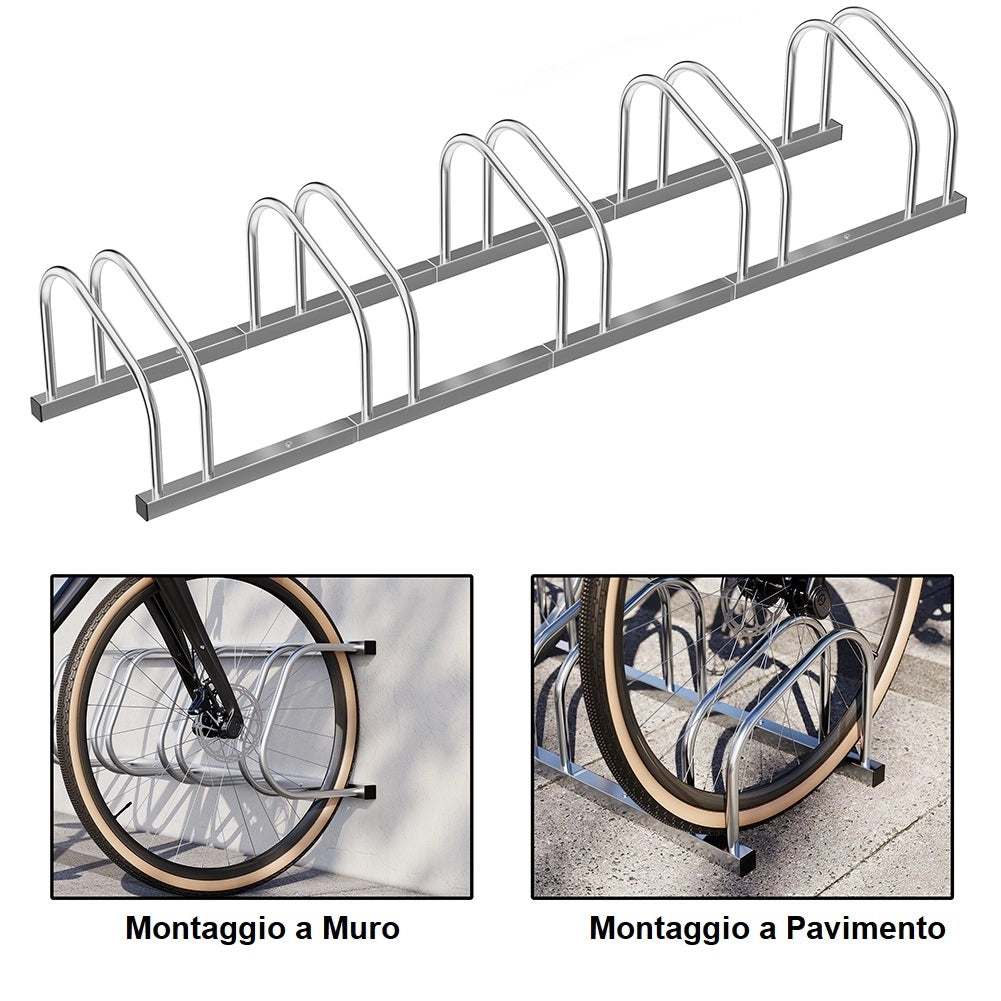 Rastrelliera Parcheggio Bici 5 Posti in Acciaio 33x27x130 cm Silver
