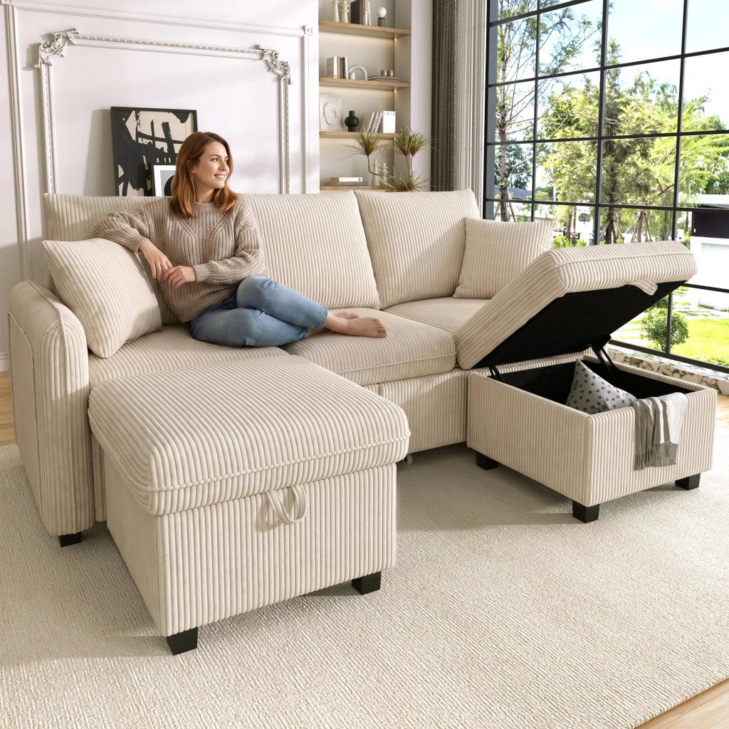 Divano angolare convertibile 3 Posti con Contenitore, 2 Pouf contenitore e Cuscini, in Velluto a coste Beige