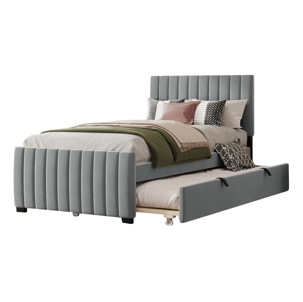 Letto singolo imbottito 90x190 cm con letto estraibile; rivestimento in velluto grigio