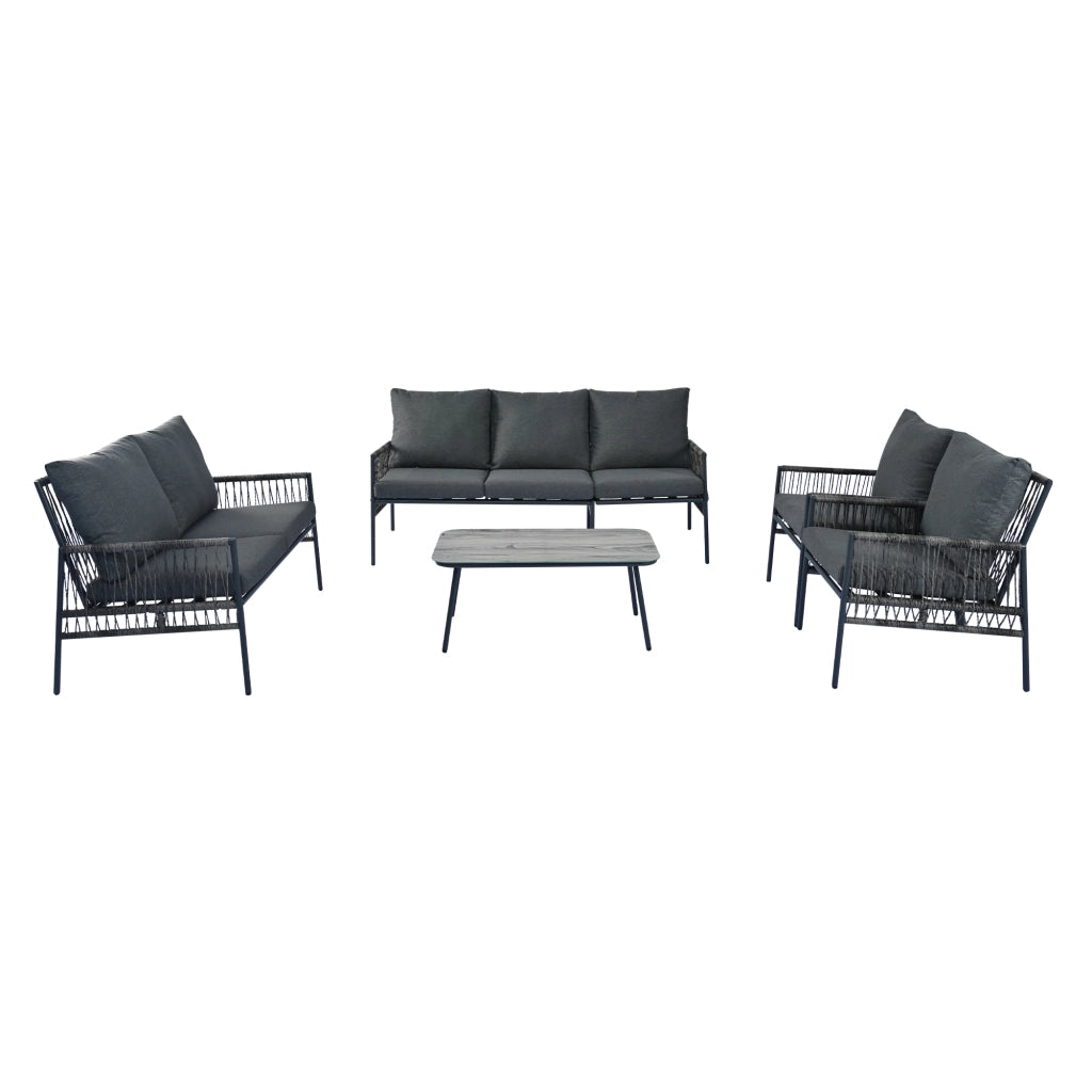 Set Divano da Giardino 7 Posti con Tavolino ¨C MINIMAL ¨C Polyrattan Grigio, Vetro, Cuscini Rimovibili