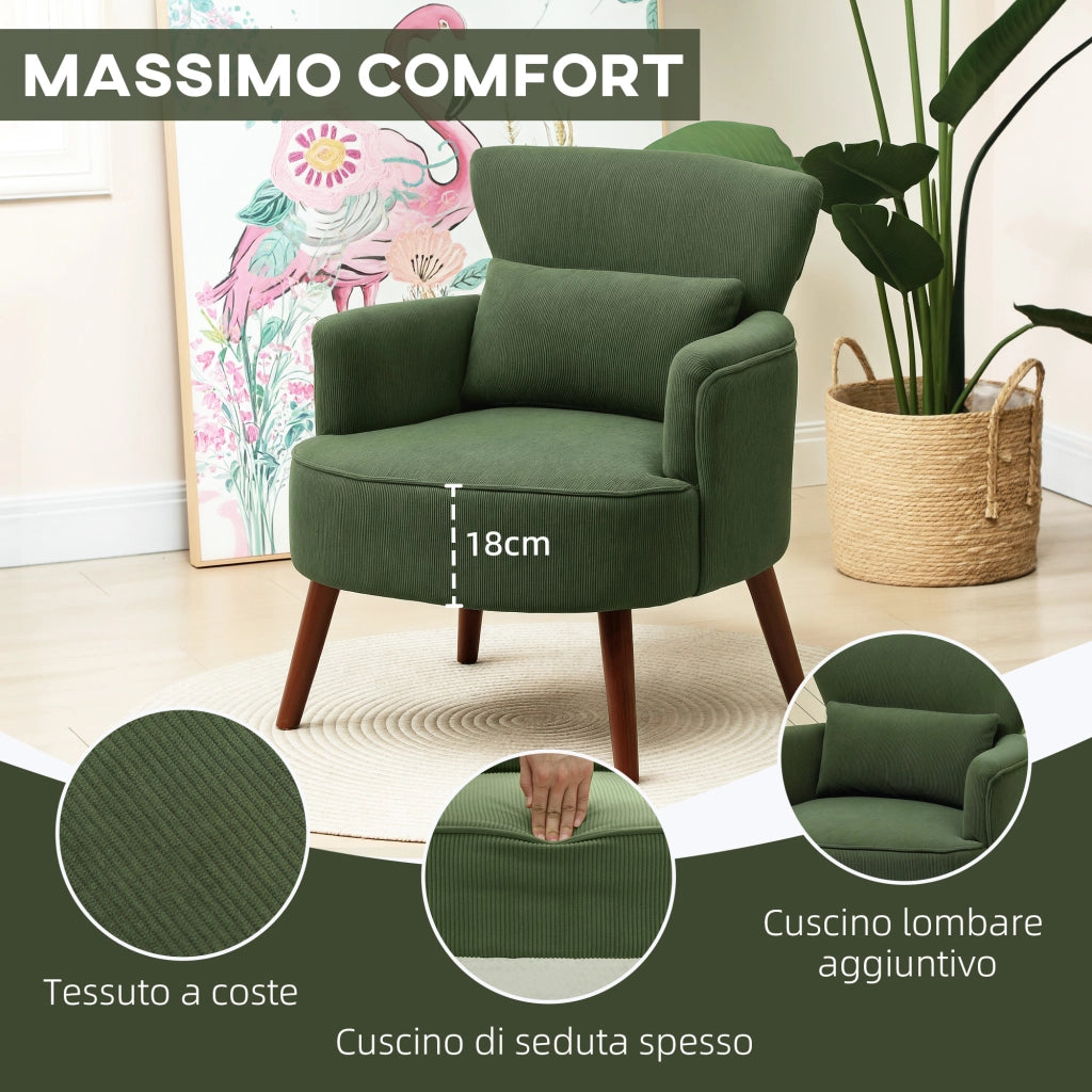 Poltrona Moderna Imbottita in Velluto con Cuscino Lombare. Schienale e Gambe in Legno. Verde
