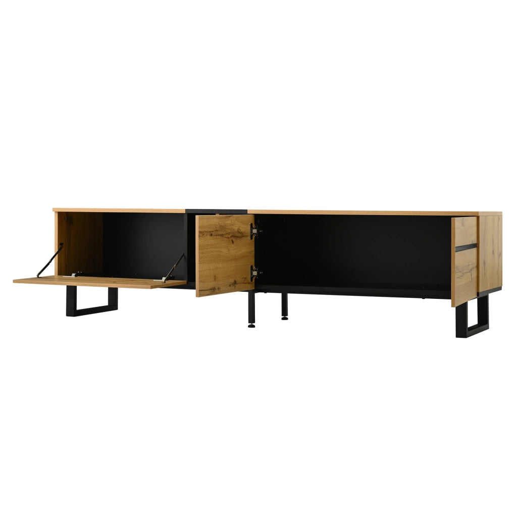 Mobile TV 180x38x45 cm con vano a ribalta; scomparti aperti e ante; in truciolato; naturale