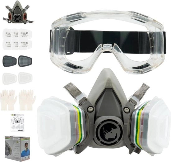 Maschera di protezione respiratoria ABEK1 contro particelle e gas - Funziona con epoxy, acido chimico e ammianto - Occhiali di sicurezza guanti

Modello: RH-M103 
Codice: ABEK1 
Specifica: Protezione contro particelle e gas
