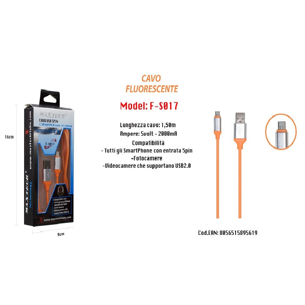 Trade Shop - Cavo Fluorescente Ricarica Per Smartphone 5pin 1,50mt 5volt - 2000ma Maxtech F-s017 -