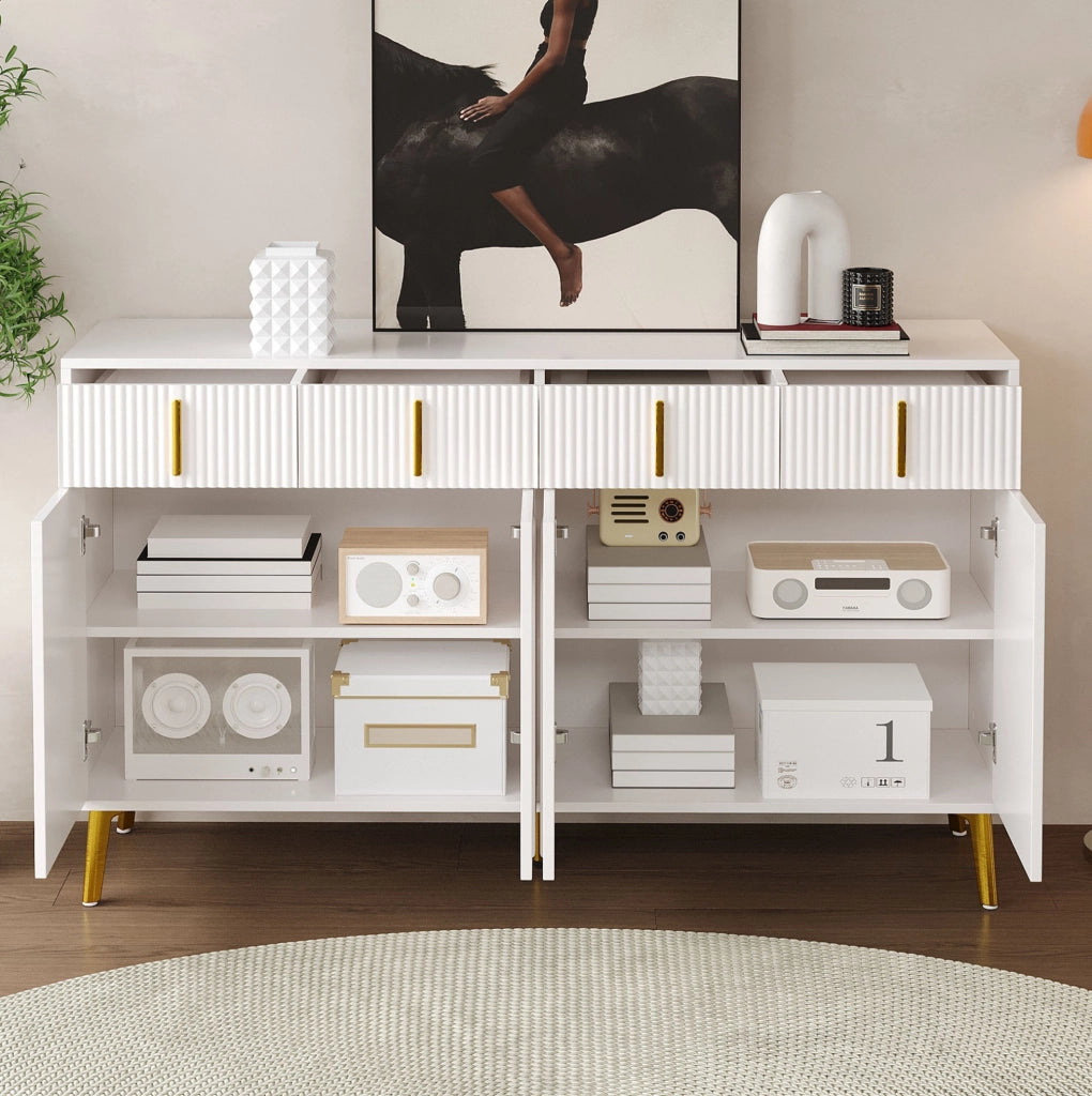Credenza 140x38x82 cm; 4 cassetti e 4 ante; ripiani regolabili; MDF bianco con dettagli oro