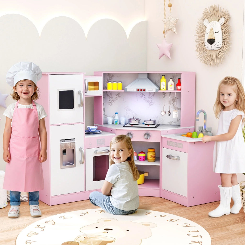 Cucina giocattolo per bambini in legno con lavabo separato suoni e luci divertenti, Set da cucina per giochi Rosa-Cucine giocattoli