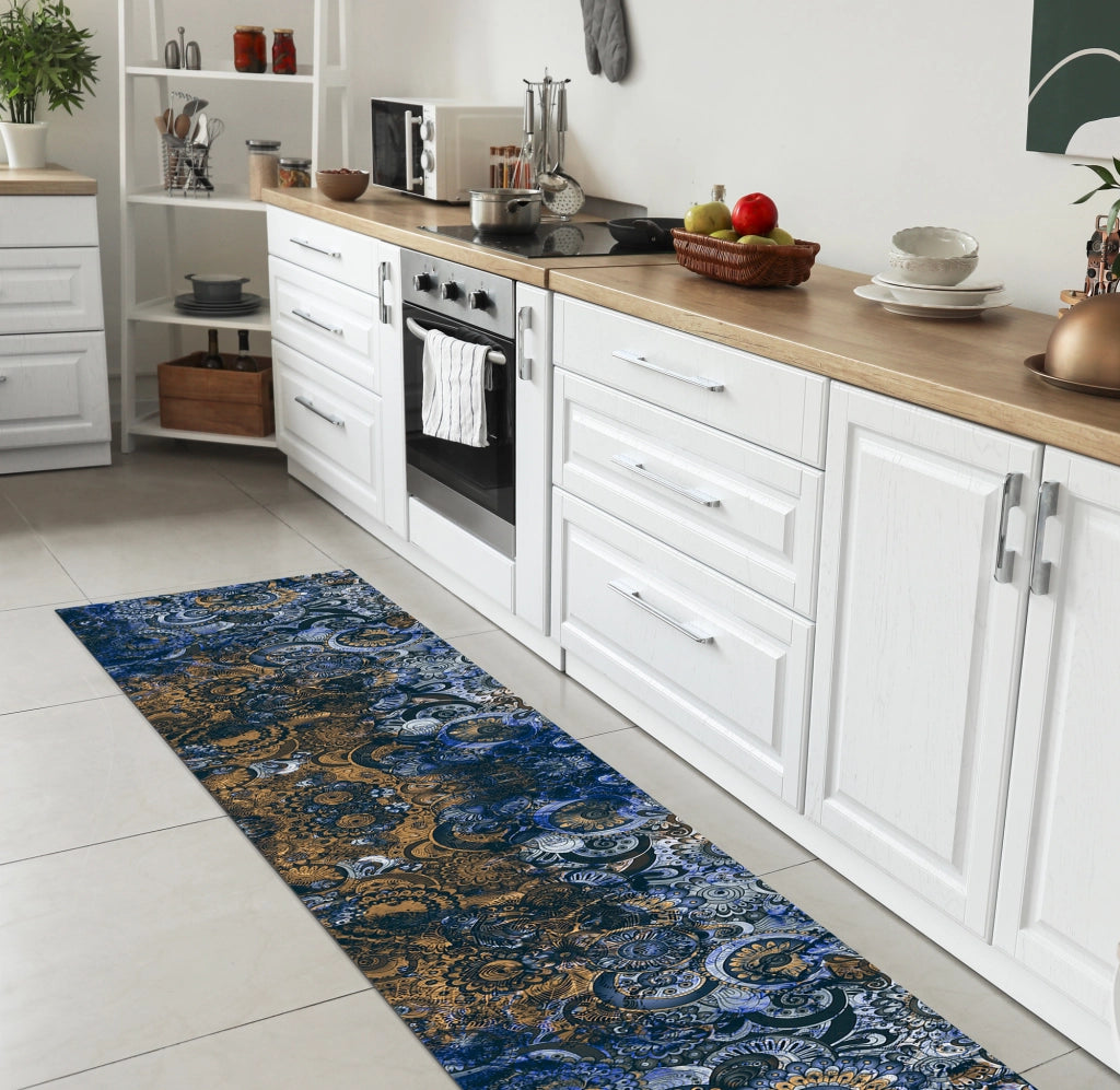 Tappeto passatoia fantasia made in Italy antiscivolo lavabile aderente Mandala Blunotte - 50x350 cm