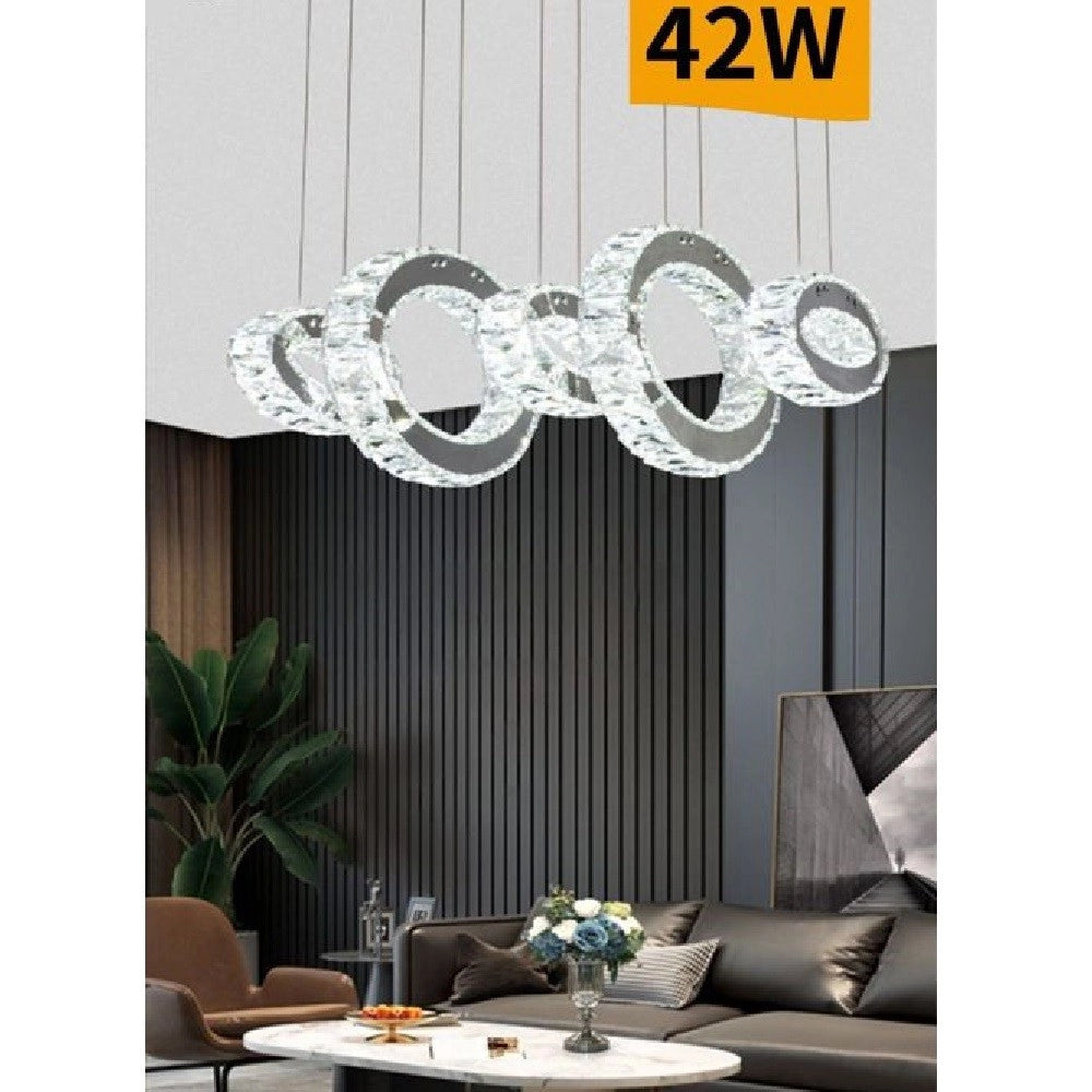 Trade Shop - Lampadario Led A Sospensione 42watt 5 Anelli Con Cristalli Luce Fredda 8000k B58 -