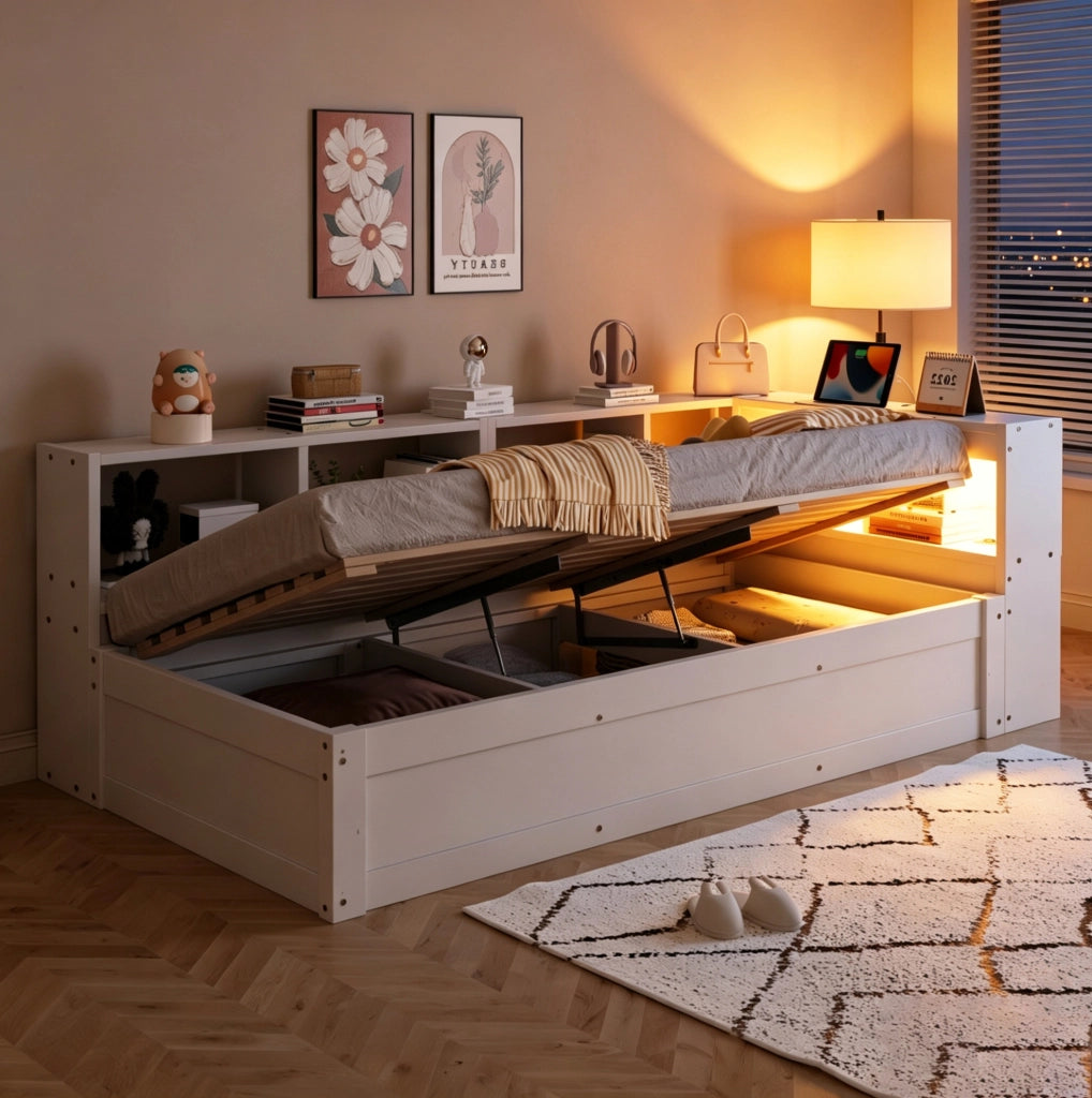 Letto multifunzionale 90x200 cm con LED, presa integrata e vani contenitore