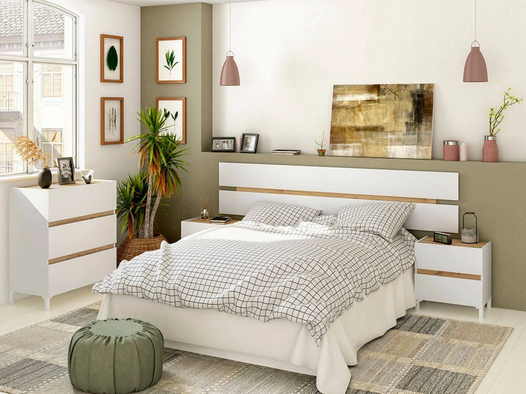 Testiera letto Dado, Spalliera, Testata per camera da letto, Poggiatesta, 216x3 h47 cm, Bianco e Rovere Nodi