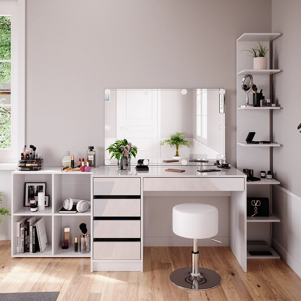 Vicco Tavolino da toilette Bianco 5 pezzi, con ripiano portaoggetti, ripiano in piedi, specchio, sgabello, LED