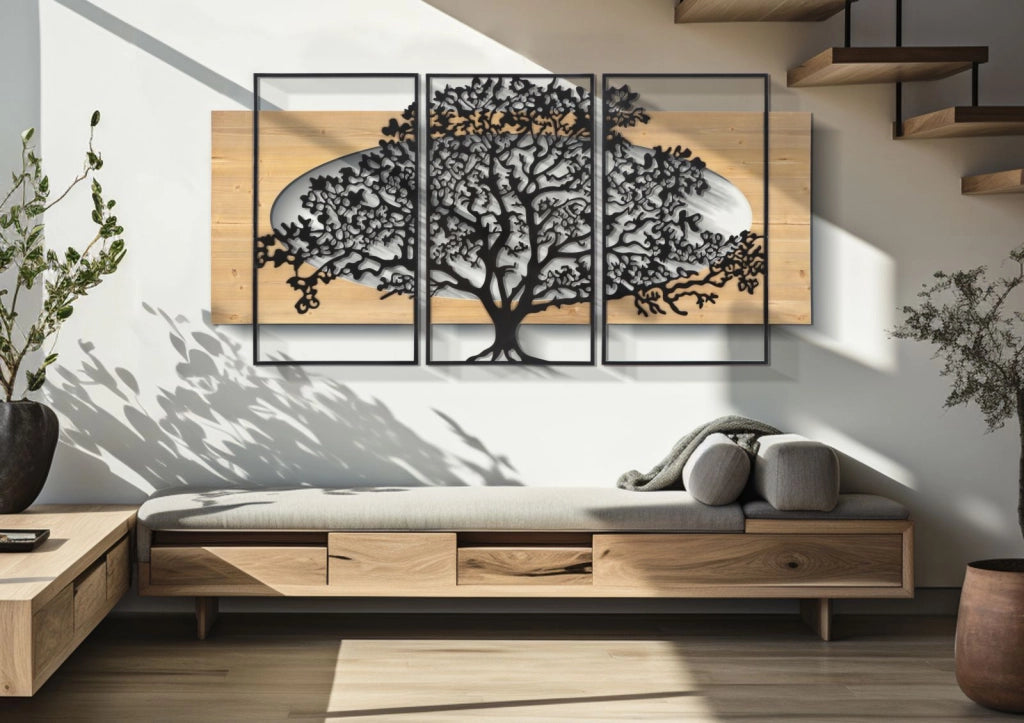 Pannello da Muro Tree Ferro e Wood Set 3pz 176x2x90 cm in Ferro e MDF Nero e Marrone