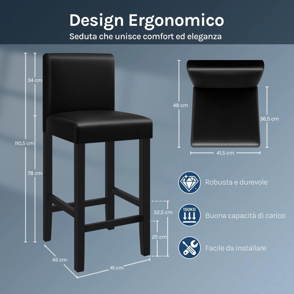 Sgabello da Bar con Schienale Poggiapiedi Sedie da Pranzo Imbottita Sedia Alta per Ristorante Cucina Legno+PVC Nero 2 Pezzi